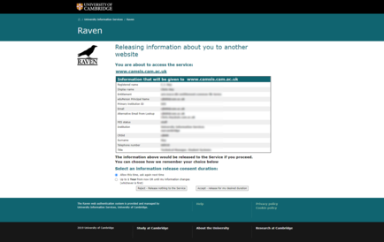 An example of an attributes release page